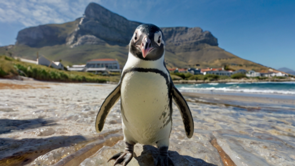 pinguino en Cape Town con vista a la montaña de la mesa