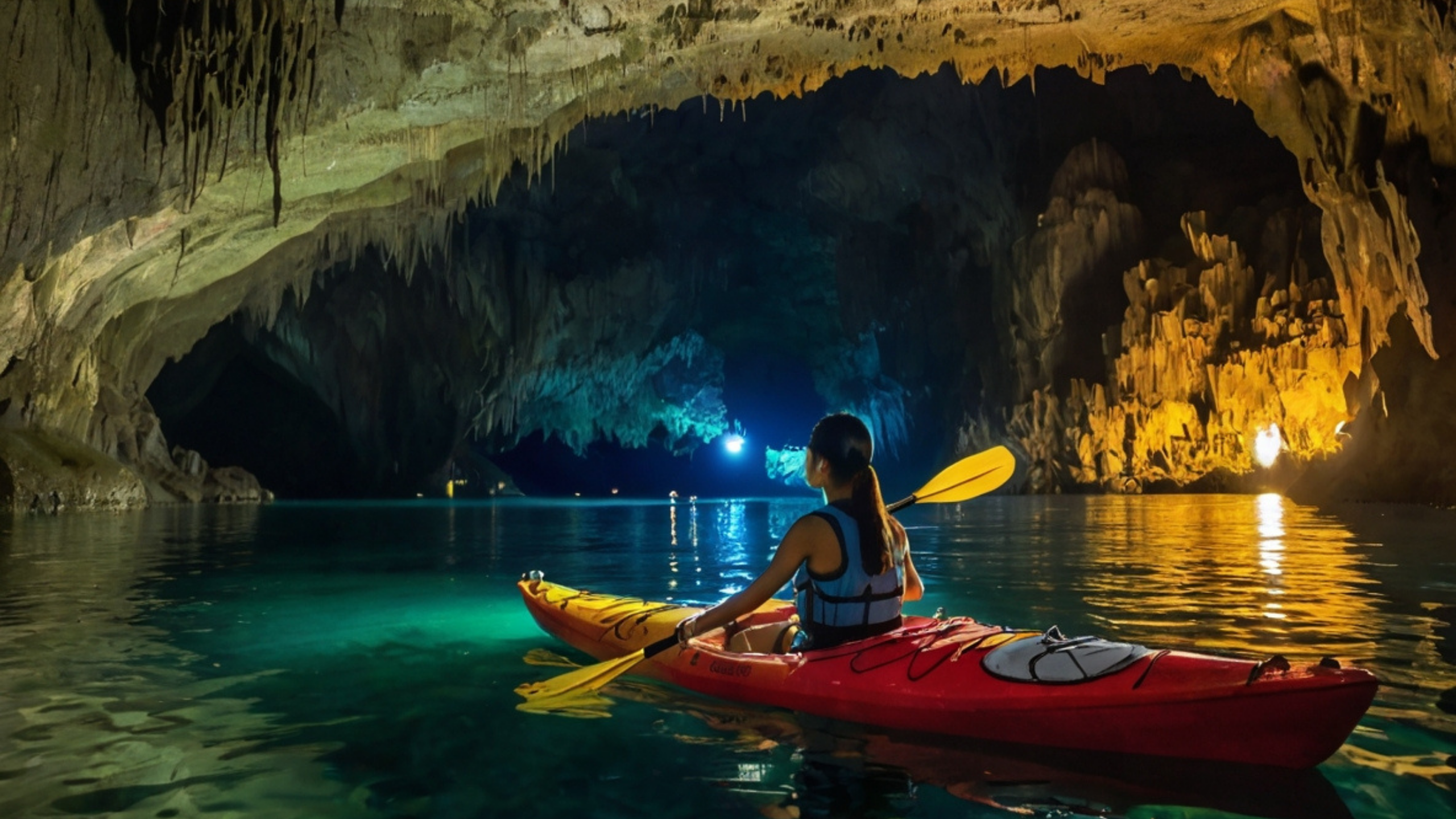 filipina remando en kayak en el rio subterraneo de Puerto Princesa