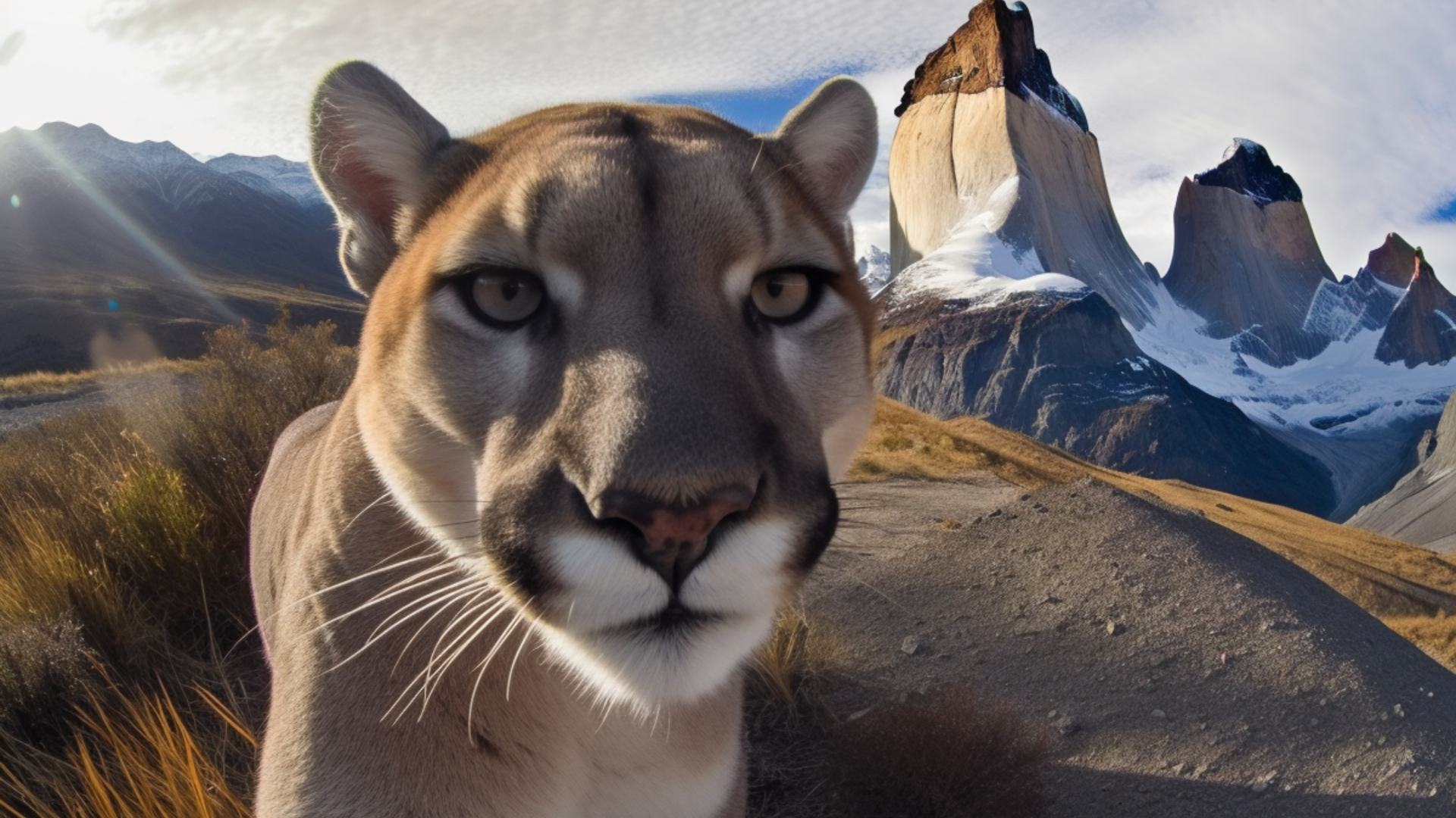 Puma delante de las Torres del Paine en la Patagonia Chilena