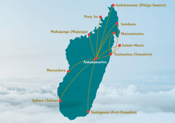 Mapa de Aeropuertos en madagascar a los que opera la aerolínea Madagascar Airlines